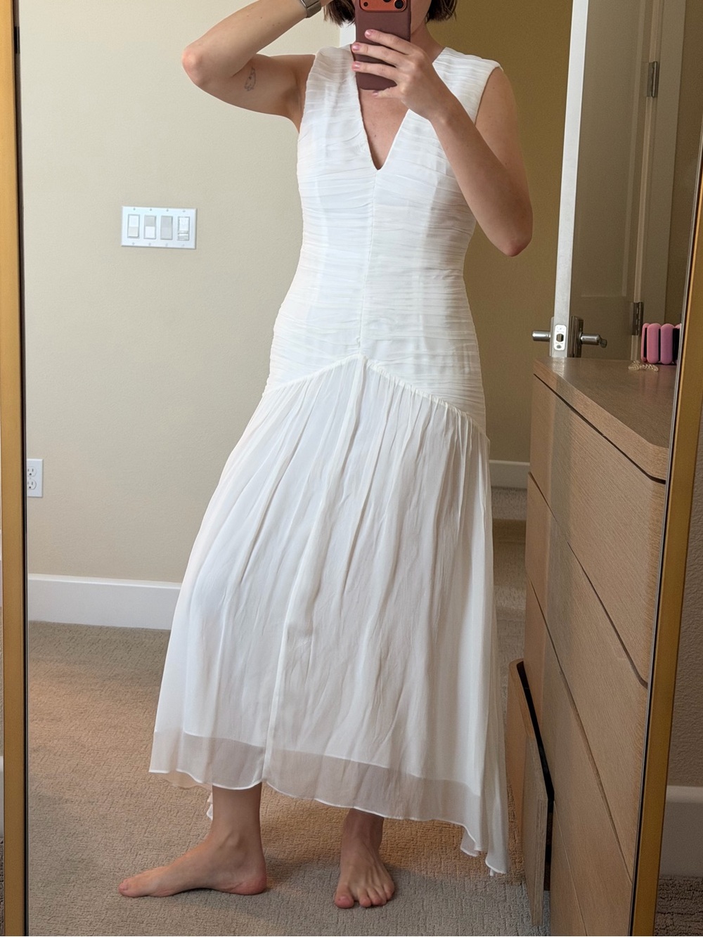 Reiss White Sleeveless V-Neck High-Low Ruched Midi Dress